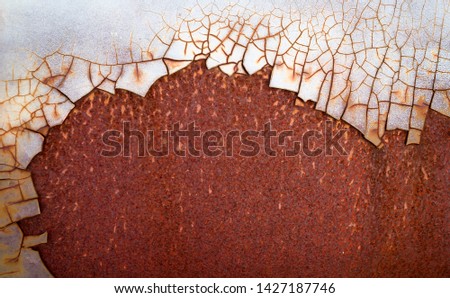 Corroded white metal background. Rusted white painted metal wall. Rusty metal background with streaks of rust. Rust stains. 