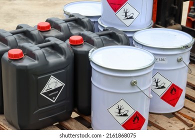 Corrosive chemical symbols on a black chemical tank, dangerous products in the industry