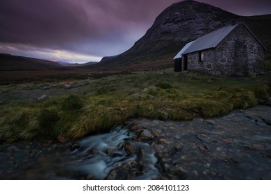 Corrour Bothy With The Devils Point Mountain In The Background. Located Deep In The Cairngorms Mountains,  Scotland.