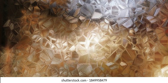 Corrugated glass with backlight. Beautiful light refraction in red, brown, yellow, orange and black colors. Abstract background for self-adhesive films. Ribbed glass surface