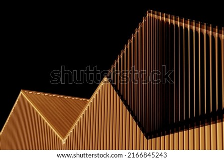 Corrugated metal walls of industrial building. Pitched roof. Abstract modern architecture in minimal style. Material geometric pattern with triangles, polygons, angular structure and parallel lines.