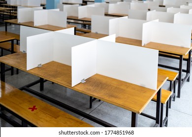 Corrugated Plastic Sheet Partition On The Tables In The Cafeteria,food Court At School During Its Reopening,plastic Shield As A Barrier To Prevention Of Infection,social Distancing Safety,new Normal