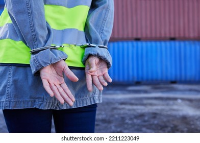 Corruption, Crime And Cargo Engineer In Handcuffs For Fraud, Money Laundering Business Or Supply Chain Scam. Construction Worker, Security Guard Or Freight Criminal Arrest For Legal Job Compliance