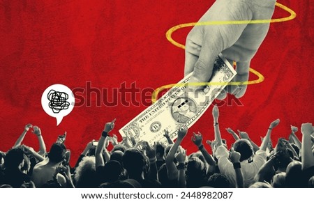 Corruption and dirty money concept art. Politician taking 100 dollar from the people causing riot and angry people. Conceptual 3d collage art. Contemporary modern illustration on red background.