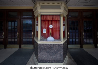 Corsicana, Texas / USA - July 11, 2019: Ticket booth at front entrance of the Palace Theater. 