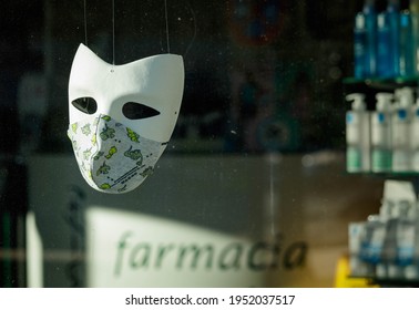 Coruna  Spain - March 20 2021: Covid-19 Mask Display In A Drug Store Shop Window In Spain