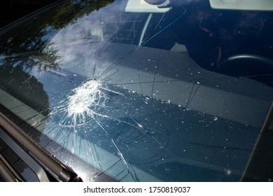 Coruna / Spain - May 11 2020: Shattered Car Windscreen With Fragments Of Glass Covering The Interior