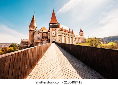 Corvin Castle With Wooden Bridge, Hunedoara, Hunyad Castle,  Transylvania, Romania, Europe.