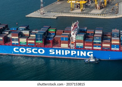 Cosco Shipping Lines container ship from China in Dubai's Jebel Ali port. Close up view.
Dubai, UAE - July 2020