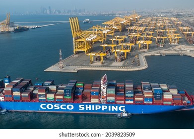 Cosco Shipping Lines container ship from China in Dubai's Jebel Ali port. 
Dubai, UAE - July 2020