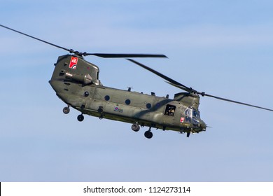 COSFORD, SHROPSHIRE, UK - JUNE 10, 2018: Royal Air Force 18 Squadron Boeing Vertol CH-47D Chinook HC2A ZH892, With RAF 100 Markings, Takes Off At RAF Cosford During The 100th Anniversary RAF Airshow.