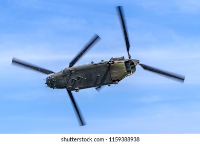 COSFORD, SHROPSHIRE, UK - JUNE 10, 2018: Royal Air Force 18 Squadron Boeing Vertol CH-47D Chinook HC2A ZH892, With RAF 100 Markings, Takes Off At RAF Cosford During The 100th Anniversary RAF Airshow.