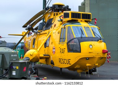 COSFORD, SHROPSHIRE, UK - JUNE 9, 2018: Royal Air Force Westland Sea King HAR.3 XZ596, formerly based at RAF Leconfield on Search and Rescue (SAR) duties, on display at RAF Cosford.