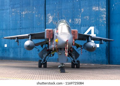 COSFORD, SHROPSHIRE, UK – JUNE 9, 2018: RAF SEPECAT Jaguar T.2A XX833, In QinetiQ Markings, Previously Part Of The Aircraft Test And Evaluation Centre At MoD Boscombe Down, On Display At RAF Cosford.