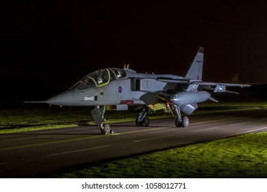 COSFORD, SHROPSHIRE, UK – MARCH 8, 2018: RAF SEPECAT Jaguar T.2A XX833, In QinetiQ Markings, Previously Part Of The Aircraft Test And Evaluation Centre At MoD Boscombe Down, On Display At RAF Cosford.