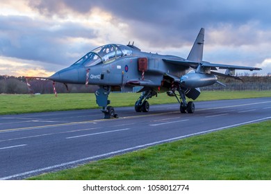 COSFORD, SHROPSHIRE, UK – MARCH 8, 2018: RAF SEPECAT Jaguar T.2A XX833, In QinetiQ Markings, Previously Part Of The Aircraft Test And Evaluation Centre At MoD Boscombe Down, On Display At RAF Cosford.