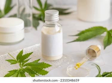 Cosmetic bottle with blank label near green cannabis sativa leaves on a marble table. Mockup, Copy space. Organic skincare beauty product. Eco friendly body or hand cream with hemp - Shutterstock ID 2310348659