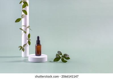  Cosmetic Bottle Made Of Glass With A Dropper On A Round Podium With Green Curly Leaves. Cosmetics Mockup Concept 