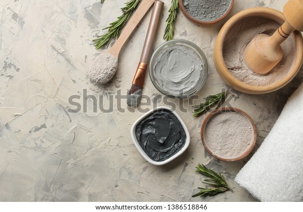 Cosmetic clay. clay facial mask on a light\
background. different types of clay. natural cosmetics for cosmetic\
procedures. Beauty concept. top\
view