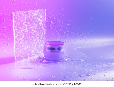 Cosmetic cream in jar  splashes   drops water purple gradient background  Face  body  hair care