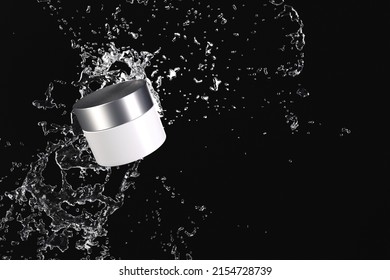 Cosmetic cream jar in water splash on black background - Shutterstock ID 2154728739