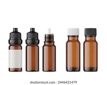 Cosmetic dropper bottle mockup. Medical serum drop. Brown glass bottles, medicime product design 3d mockup. Beauty collagen eyedropper vial, natural oil flacon - Powered by Shutterstock