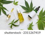 Cosmetic dropper bottles with blank label near green cannabis sativa leaves on a marble table top view. Mockup, Copy space. Organic skincare beauty products. Eco friendly CBD oil

