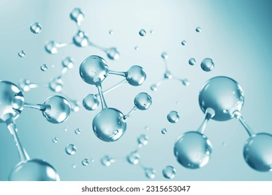 Esencia cosmética, burbuja líquida, molécula en el interior de burbuja líquida sobre fondo de salpicadura de agua de ADN, renderización 3d