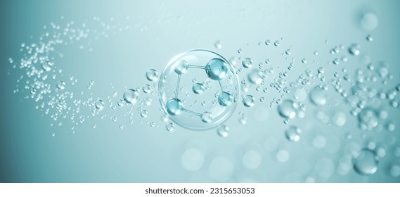 Cosmetic Essence, Liquid bubble, Molecule inside Liquid Bubble on water background, 3d rendering - Shutterstock ID 2315653053