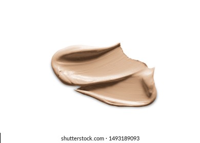 Cosmetic Foundation Cream Swatch Smudge Smear Isolated On White Background. Beige Makeup Base Stroke, Swipe. Light Brown Liquid Powder Creamy Texture. Concealer, Color Corrector Sample With Shadow