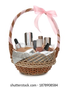 Cosmetic Gift Set In Wicker Basket Isolated On White