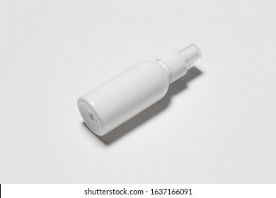 Cosmetic Or Hygiene Spray Dispenser Pump Plastic Bottle On White Background.Top View.High Resolution Photo.