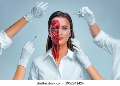 Cosmetic injection in the face. Young woman with half of face with muscles structure under skin. Model for medical training on a light background. Close up video of face human anantomy.