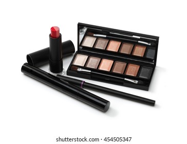 Cosmetic Makeup Kit With Brushes Isolated On White Background