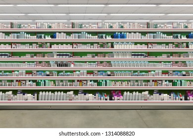 Cosmetic On Shelf In Supermarket. Suitable For Presenting New Cosmetic And Skincare Packaging Products In Between Many Others.