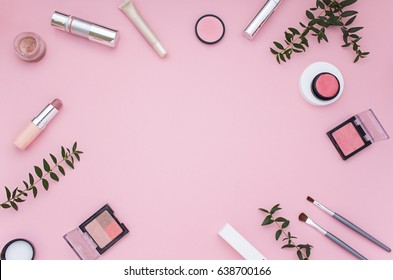 Cosmetic pink frame . Top view. Flat Lay