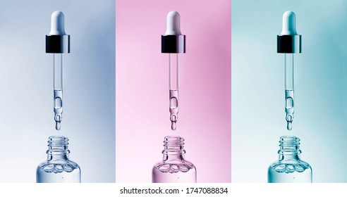 Cosmetic pipette with hyaluronic acid. Transparent gel with bubbles close-up. Gel cream or serum. A sample of a cosmetic product. Antibacterial gel. - Shutterstock ID 1747088834