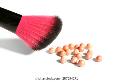 Cosmetic Powder Balls And Makeup Brush, Isolated On White