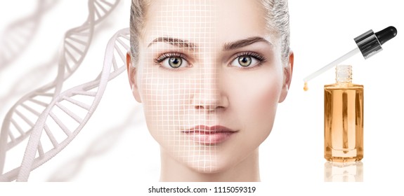 Cosmetic Primer Oil Applying On Woman Face Over Dna Background. Beauty Therapy Concept.