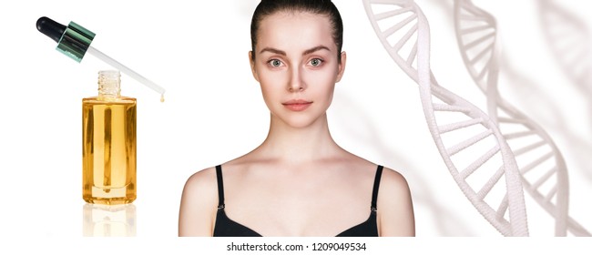 Cosmetic Primer Oil Near Beautiful Woman With DNA Chains. Isolated On White.