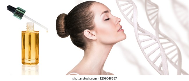 Cosmetic Primer Oil Near Beautiful Woman With DNA Chains. Isolated On White.