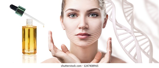 Cosmetic Primer Oil Near Beautiful Woman Among DNA Chains.