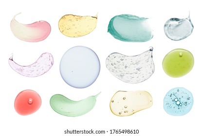 Cosmetic Product Assortment Gel And Cream Smudge White Isolated Background 