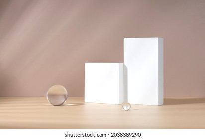 Cosmetic Product Showcase Stand Photography For Online Marketing Include Crystal Ball And White Stand On Beige Background