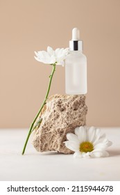 Cosmetic Serum Bottle On Travertine Stone Podium. Minimal Mockup Background.