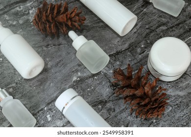 Cosmetic skin care products from the new women's facial care line for health, beauty and well-being. White imitation lotion bottles, cream jars, serums and soap dispensers - Powered by Shutterstock