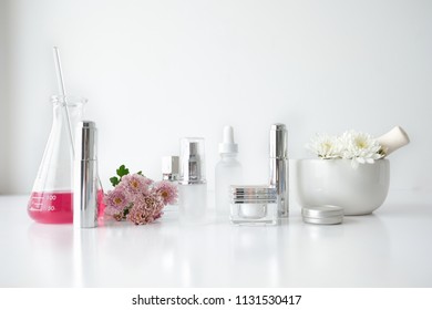 Cosmetic Skincare Beauty Product .natural Organic Flower Oil Ingredient In The Laboratory. Packaging Spa Concept.