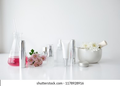 Cosmetic Skincare Beauty Product .natural Organic Flower Oil Ingredient In The Laboratory. Packaging Spa Concept.