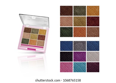 Cosmetic solid eyeshadows, product and two mixed colors high resolution samples, beauty products isolated on white background, clipping paths included