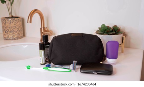 Cosmetics Bag For Travel. Items Are Laid Out.